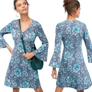 Anthropologie Maeve Floral Print Knit Fit & Flare Mini Dress Bell Sleeve Blue M